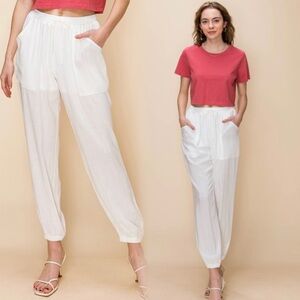 White Women's Linen Jogger Drawstring Pants